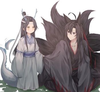 2boys absurdres aged_down ahoge androgynous animal_ears black_eyes black_hair black_hanfu blue_sash blush child chinese_clothes closed_mouth clothes_grab coat collarbone commentary_request dragon_boy dragon_horns dragon_tail eastern_dragon_horns eastern_dragon_tail fox_boy fox_ears fox_tail full_body grey_coat hair_between_eyes hair_down hair_ribbon half_updo hanfu headband highres horns kemonomimi_mode kitsune kyuubi lan_wangji long_hair long_sleeves looking_at_another male_focus modao_zushi motion_lines multiple_boys multiple_tails open_clothes open_coat parted_bangs pectoral_cleavage pectorals red_ribbon red_sash ribbon robe sash sidelocks simple_background sitting sleeves_past_fingers sleeves_past_wrists standing tail tail_wagging topknot very_long_hair wei_wuxian wei_wuxian_(yiling_laozu) white_background white_hanfu white_headband wide_sleeves xiao_guan_(headdress) yaoi yellow_eyes yume_kun