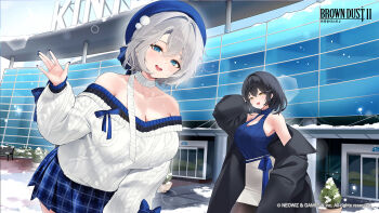 2girls :d arm_up bare_shoulders beret black_coat black_hair blue_eyes blue_hat blue_nails blue_shirt blue_skirt blush breasts brown_dust_(series) brown_dust_2 casual cleavage cleavage_cutout clothing_cutout cloud cloudy_sky coat collarbone commentary_request copyright_name copyright_notice cowboy_shot day earrings fingernails grey_hair grey_scarf grey_skirt grey_sweater hair_between_eyes hair_ornament hairclip hat highres jewelry large_breasts lens_flare long_fingernails long_sleeves looking_at_viewer medium_hair miniskirt multiple_girls off-shoulder_sweater off_shoulder official_art open_mouth outdoors pencil_skirt plaid_clothes plaid_skirt plant pleated_skirt pom_pom_hat_ornament potted_plant sayan scarf scheherazade_(brown_dust) shirt short_hair sidelocks skirt sky sleeveless sleeveless_shirt smile snow snowing standing sweater teeth teresse_(brown_dust) upper_teeth_only yellow_eyes