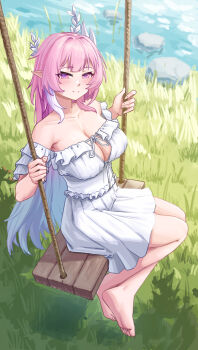 1girl aqua_hair bare_shoulders barefoot breasts commentary cyrene_(honkai:_star_rail) cyrene_(ripples_of_past_reverie)_(honkai:_star_rail) dress feet gradient_hair grass highres honkai:_star_rail honkai_(series) hp1598 large_breasts long_hair looking_at_viewer multicolored_hair on_swing outdoors pink_hair pointy_ears purple_eyes smile soles solo swing toes very_long_hair water white_dress white_hair