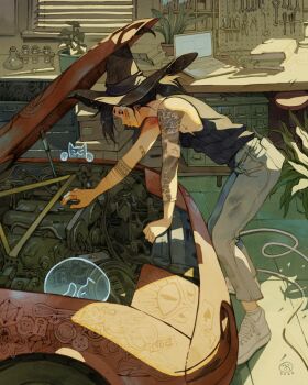 1girl ankle_socks arm_tattoo artist_logo bandaid bandaid_on_arm bandaid_on_face black_hair black_shirt book car cat closed_mouth commentary computer cross_tattoo denim earrings engine english_commentary from_side garage ghost hat highres hunched_over indoors interior jeans jewelry laptop leaning_on_object light_smile logo long_hair mechanic motor_vehicle open_car_hood original pants pile_of_books plant pliers ponytail potted_plant repairing ring screwdriver shirt shoes simz single_earring skull_tattoo sleeveless sleeveless_shirt slice_of_life smile sneakers socks solo sunlight tattoo tattoo_sleeve tools vial wand white_shoes white_socks window window_blinds witch_hat wrench