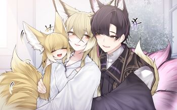 1boy 2girls absurdres animal_ears arknights blonde_hair commentary_request dated_commentary family father_and_daughter fox_ears fox_girl fox_tail highres husband_and_wife kitsune mother_and_daughter multiple_girls samip suzuran&#039;s_father_(arknights) suzuran_(arknights) tail vulpisfoglia_(arknights)