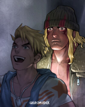 2boys alex_(street_fighter) beanie blonde_hair blurry blurry_foreground commentary dog_tags english_commentary facial_scar facial_tattoo hat highres horror_(theme) long_hair luke_sullivan male_focus meme multiple_boys muscular muscular_male parody quasimodox scar scar_across_eye scar_on_cheek scar_on_face solo_focus street_fighter street_fighter_6 tattoo undertaker_standing_behind_aj_styles_(meme) wwe you_gonna_get_raped