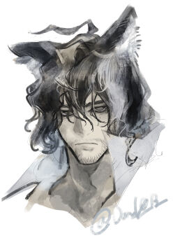 1boy absurdres animal_ear_fluff animal_ears arknights babu_don_(don_10_13) bags_under_eyes black_hair closed_mouth commentary_request facial_hair fox_boy fox_ears hair_between_eyes highres looking_at_viewer male_focus messy_hair mustache_stubble nowell_(arknights) portrait simple_background solo sparse_stubble stubble white_background