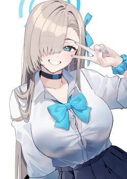 1girl absurdres asuna_(blue_archive) asuna_(school_uniform)_(blue_archive) asymmetrical_bangs black_choker black_skirt blonde_hair blue_archive blue_bow blue_bowtie blue_eyes blue_halo blue_ribbon blue_scrunchie bow bowtie breasts button_gap choker commentary grin hair_over_one_eye hair_ribbon halo highres large_breasts long_hair looking_at_viewer loose_bowtie nakano_kura pleated_skirt ribbon school_uniform scrunchie shirt skirt smile solo teeth v very_long_hair white_shirt wrist_scrunchie