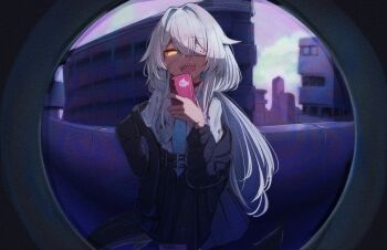 1girl :d bandage_over_one_eye belt black_belt black_choker black_jacket black_skirt blue_necktie building cellphone choker city city_lights cityscape cloud collared_shirt cowboy_shot dark_skin eyepatch fins fish_tail fisheye glowing glowing_eye glowing_eyes grey_hair hair_between_eyes hair_intakes hair_over_one_eye hand_on_own_hip highres holding holding_phone jacket jacket_partially_removed long_hair long_sleeves looking_at_viewer mirror mok4suke necktie off_shoulder open_clothes open_jacket open_mouth outdoors phone pleated_skirt pov reflection rurune_(vrchat) school_uniform shark_girl shark_tail sharp_teeth shirt shirt_tucked_in sidelocks skirt sky smartphone smile solo standing tail teeth train twintails upper_teeth_only very_long_hair vrchat white_hair white_shirt window yellow_eyes