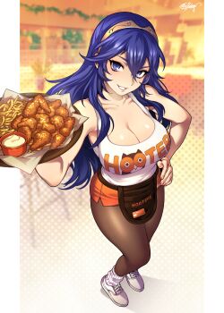 absurdres alternate_costume apron black_apron blue_eyes blue_hair blurry blurry_background breasts brown_pantyhose chicken_(food) cleavage collarbone commentary commission english_commentary fire_emblem fire_emblem_fates fishine food french_fries fried_chicken hair_between_eyes hand_on_own_hip highres holding holding_tray hooters indoors large_breasts long_hair looking_at_viewer lucina_(fire_emblem) nintendo orange_nails orange_shorts pantyhose parted_lips sauce second-party_source shirt shoes short_shorts shorts sleeveless sleeveless_shirt socks standing tank_top tray waist_apron waitress white_shoes white_socks white_tank_top