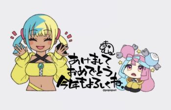 2girls canari_(pokemon) chibi iono_(pokemon) multicolored_hair multiple_girls nintendo pokemon pokemon_legends:_z-a pokemon_sv popo_(popopuri) sharp_teeth teeth