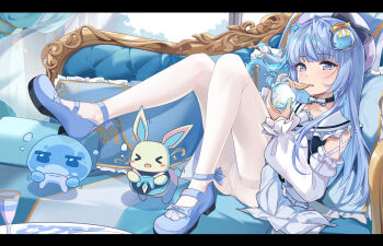 1girl absurdres ahoge blue_apple blue_dress blue_eyes blue_hair blue_shoes blunt_bangs bow commentary_request controller couch creature dress eating food footwear_bow frilled_dress frills fruit full_body game_controller hair_ornament highres holding holding_controller holding_food holding_fruit holding_game_controller knees_up kolimiya legs letterboxed long_hair looking_at_viewer on_couch open_mouth original pantyhose shoes sitting slime_(creature) solo white_pantyhose