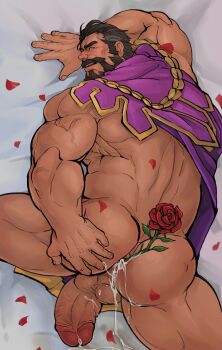1boy absurdres bara bed_sheet brown_hair cape cum cum_in_ass dark-skinned_male dark_skin erection facial_hair flower glensaru goatee grabbing_own_ass graves_(league_of_legends) hair_slicked_back happy_sex highres implied_yaoi league_of_legends lying male_focus mature_male muscular muscular_male mutton_chops on_bed on_stomach penis petals purple_cape rose rose_petals short_hair smile solo thick_thighs thighs uncensored veins