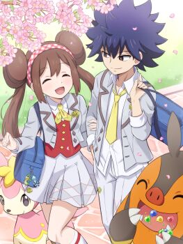 1boy 1girl absurdres bag blue_hair brown_hair character_charm charm_(object) closed_eyes closed_mouth collared_shirt deerling deerling_(spring) dewott double_bun gen_5_pokemon hair_bun highres holding holding_bag hugh_(academy)_(pokemon) hugh_(pokemon) jacket looking_at_another neckerchief necktie nintendo official_alternate_costume open_clothes open_jacket open_mouth pignite pokemoa pokemon pokemon_(creature) pokemon_masters_ex red_eyes red_vest rosa_(academy)_(pokemon) rosa_(pokemon) school_bag school_uniform servine shirt skirt smile spiked_hair twintails vest white_shirt yellow_neckerchief yellow_necktie