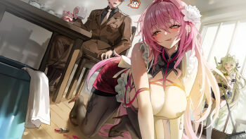 1boy 2girls all_fours black_dress black_pantyhose black_shirt breasts broom brown_pants brown_vest chair cleavage commander_(nikke) commentary_request cosmetics dress earrings flower goddess_of_victory:_nikke green_eyes green_hair hair_flower hair_ornament heart_pasties highres holding holding_broom indoors jewelry large_breasts lipstick_tube long_hair maid mell_(dmwe3537) military_uniform mole mole_under_eye multiple_girls necktie on_chair pants pantyhose pasties pink_hair shirt sitting soda_(nikke) standing tongue tongue_out velvet_(nikke) very_long_hair vest white_necktie wooden_floor