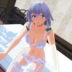 1girl 3d animated blue_eyes bra breasts bridal_lingerie cleavage grey_hair izayoi_sakuya lingerie looking_at_viewer medium_breasts mofumoko5 panties sitting smile solo tagme thighhighs thighs touhou underwear video
