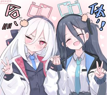 2girls :d absurdres aris_(blue_archive) black_hair black_hairband blue_archive blue_halo blue_necktie closed_eyes closed_mouth collared_shirt commentary_request hair_between_eyes hairband halo heart highres holding_hands interlocked_fingers jacket kei_(blue_archive) kei_(new_body)_(blue_archive) long_hair long_sleeves looking_at_viewer multiple_girls necktie nekoya_(liu) one_eye_closed one_side_up open_mouth pink_halo rectangular_halo red_eyes shirt smile upper_body v white_hair white_jacket white_shirt