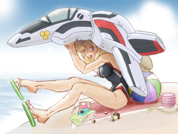 :p air_pump aircraft airplane ball beachball blonde_hair blue_eyes competition_swimsuit mp3_player inflatable_raft kanadarai macross macross_frontier mecha one-piece_swimsuit robot sheryl_nome sweat swimsuit tongue tongue_out vf-25