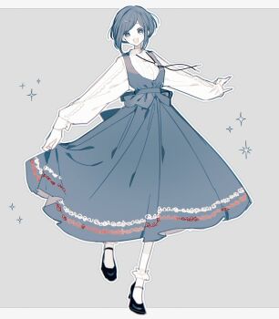 Rule 34 | 1girl, black shoes, blue dress, blue eyes, blue hair, collared shirt, commentary request, dress, fukurai azami, full body, grey background, highres, long sleeves, looking at viewer, naturalclover, open mouth, shirt, shoes, short hair, skirt hold, smile, socks, solo, sparkle, standing, standing on one leg, toshi densetsu kaitai center, white socks