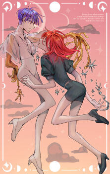 Rule 34 | 2others, absurdres, androgynous, ascot, black shirt, black shoes, black shorts, blue eyes, blue hair, border, bowl cut, cinnabar (houseki no kuni), clothing cutout, cloud, cloudy sky, collared shirt, colored skin, commentary, crescent moon, english commentary, english text, gem uniform (houseki no kuni), golden arms, goomyloid, high heels, highres, houseki no kuni, looking at another, lyrics, medium hair, midair, molten metal, moon, moon uniform (houseki no kuni), multiple others, orange sky, other focus, phosphophyllite, phosphophyllite (ll), profile, puffy sleeves, red eyes, red hair, see-through clothes, see-through sleeves, shirt, shoes, short hair, short shorts, shorts, skinny, sky, smile, spoilers, sunset, surprised, tearing up, very short hair, white ascot, white border, white shoes, white skin