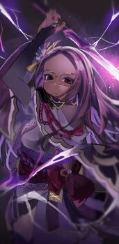 1girl absurdres animification anne_yatco arms_up blurry blurry_background blurry_foreground blush breasts bridal_gauntlets brown_eyes closed_mouth commentary cosplay cowboy_shot english_commentary fan_hair_ornament floating_clothes flower genshin_impact glasses hair_ornament highres holding holding_sword holding_weapon japanese_clothes kanako_(fuwachu) kimono light_frown light_particles lightning long_hair long_sleeves looking_at_viewer musou_isshin_(genshin_impact) obiage obijime purple_eyes purple_flower purple_hair purple_kimono raiden_shogun raiden_shogun_(cosplay) real_life sash serious simple_background solo sword tan voice_actor voice_actor_connection weapon