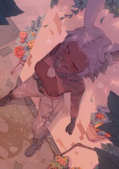 1girl absurdres against_wall blush brick_floor brick_wall dark_skin facial_mark female_focus final_fantasy final_fantasy_xiv flower flower_pot highres jewelry leaf necklace one_eye_closed open_mouth outdoors peeing peeing_self purposeful_wetting rabbit_ears ring rune_(dualhart) solo standing tattoo white_hair