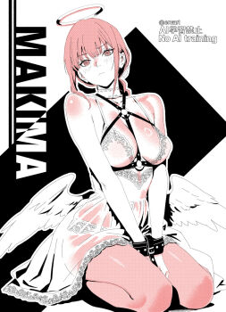 1girl alternate_costume angel angel_wings arms_between_legs black_background blonde_hair blush bound bound_wrists breasts chainsaw_man character_name chemise cleavage closed_mouth collarbone commentary_request feathered_wings frown full_body halo highres kneeling large_breasts looking_at_viewer low_wings makima_(chainsaw_man) o-ring panties rapa_rachi red_hair restrained ringed_eyes see-through_chemise see-through_clothes solo thighs traditional_halo twintails two-tone_background underwear white_background white_chemise white_panties white_wings wings yellow_eyes