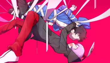 Rule 34 | 2boys, amasawa keisuke, black hair, black jacket, blue coat, blue jacket, bound, coat, digimon, digimon story: cyber sleuth, digimon story: cyber sleuth - hacker's memory, heijibenji, highres, implied yaoi, jacket, male focus, mask, multiple boys, nogi yuu, pants, purple hair, red pants, shirt, short hair, simple background, smile, suspension, tied up (nonsexual), unworn mask, white shirt