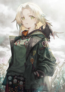 1girl absurdres animal animal_on_shoulder blonde_hair earclip earrings green_shirt hand_in_pocket highres jacket jewelry long_sleeves medium_hair open_clothes open_jacket original outdoors shirt sho_(sumika) standing