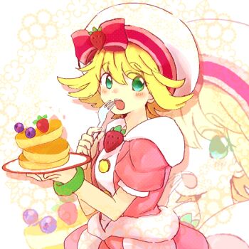 1girl :o amitie_(puyopuyo) blonde_hair blueberry blush bow bow_hat chibi dress food fork fruit green_eyes hat looking_at_viewer pancake pink_dress pink_shirt pink_skirt pink_sleeves plate puyopuyo puyopuyo_fever puyopuyo_quest shirt short_hair short_sleeves skirt solo strawberry strawberry_shirt sweet_amitie tea0310 white_headwear