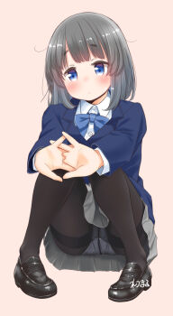1girl artist_name black_shoes blazer blue_bow blue_bowtie blue_eyes blunt_bangs bob_cut bow bowtie brown_pantyhose closed_mouth collared_shirt crotch_seam dot_mouth dot_nose full_body grey_hair grey_skirt head_tilt highres jacket looking_to_the_side original own_hands_together panties pantyhose pantyshot pleated_skirt redrawn retsumaru school_uniform shirt shoes sidelocks signature simple_background sitting skirt solo underwear uwabaki white_panties white_shirt yellow_background