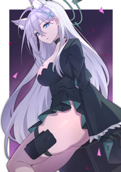 Rule 34 | 1girl, ahoge, animal ear fluff, animal ears, ass, black choker, black dress, black gloves, blue archive, blue eyes, breasts, broken halo, bubble1995, choker, commentary request, cross, cross hair ornament, dark halo, dress, extra ears, gloves, grey hair, hair between eyes, hair ornament, halo, highres, inverted cross, large breasts, long hair, mismatched pupils, shiroko terror (blue archive), solo, thick thighs, thigh strap, thighs, very long hair, wolf ears, wolf girl