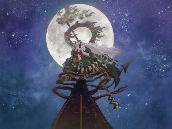 Rule 34 | 1boy, demon horns, demon tail, floating hair, full body, full moon, hagoromo, highres, holding, holding polearm, holding weapon, horns, imu (one piece), long hair, m7md oda, male focus, moon, naginata, nerona imu, night, on rooftop, one piece, polearm, shawl, skin-covered horns, skull ornament, solo, spoilers, squatting, star (sky), tail, very long hair, weapon, white hair