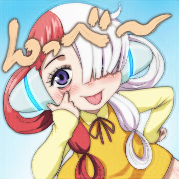 1girl aged_down blue_background blush dress eyelid_pull gradient_background hair_over_one_eye hair_rings hand_on_own_hip headphones long_hair long_sleeves looking_at_viewer low_twintails multicolored_hair neck_ribbon one_piece one_piece_film:_red orange_dress purple_eyes red_hair red_ribbon ribbon shirt sleeveless sleeveless_dress smile standing t_jiroo_(ringofriend) tongue tongue_out twintails two-tone_hair uta_(one_piece) white_hair yellow_shirt