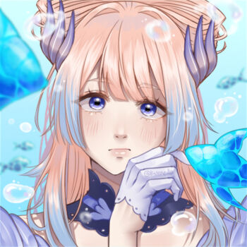 Rule 34 | 1girl, air bubble, blue collar, blue eyes, bubble, choppy bangs, closed mouth, collar, commentary, english commentary, genshin impact, gloves, gradient hair, hair ornament, hand up, kuraedo, long hair, looking at viewer, multicolored hair, nose, pink hair, portrait, sangonomiya kokomi, solo, white gloves