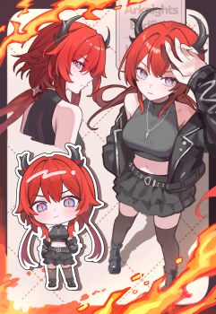 1girl absurdres arknights arknights:_endfield bare_shoulders black_jacket black_shirt black_shoes black_skirt black_thighhighs chibi closed_mouth commentary demon_girl demon_horns grunel_(grunel_7979) highres horns jacket laevatain_(arknights) long_hair looking_at_viewer navel open_clothes open_jacket purple_eyes red_hair shirt shoes skirt sleeveless sleeveless_shirt slit_pupils stomach surtr_(arknights) thighhighs