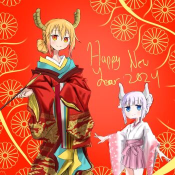 2 2024 dragon_girl japanese_clothes kanna_kamui kimono kobayashi-san_chi_no_maidragon kobayashi_(maidragon) non-web_source tohru_(maidragon)
