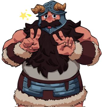 1boy :p bara beard big_nose catoof cowboy_shot double_v dungeon_meshi dwarf facial_hair fake_horns helmet highres horned_helmet horns long_beard male_focus muscular muscular_male mustache senshi_(dungeon_meshi) solo sparkle standing thick_eyebrows thick_mustache tongue tongue_out v very_long_beard