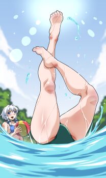 2girls bad_tag ball bare_legs barefoot beach beachball bikini blue_bikini blue_bow blurry blurry_background bow braid commentary_request feet_up green_bikini h.dupp_(nama_aakiruu) highres hong_meiling izayoi_sakuya leg_focus legs legs_up long_legs multiple_girls partially_submerged splashing swimming swimsuit synchronized_swimming thick_thighs thighs touhou tree twin_braids upside-down water wet white_hair