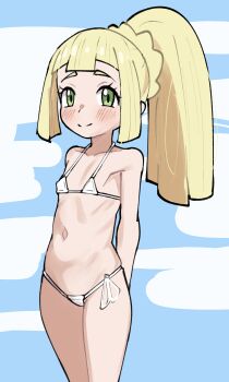 1girl arms_behind_back bikini blonde_hair blunt_bangs blush braid closed_mouth collarbone eyelashes flat_chest green_eyes knees kurosu169 lillie_(pokemon) loli long_hair looking_at_viewer micro_bikini navel nintendo pokemon pokemon_sun_and_moon ponytail side-tie_bikini_bottom smile solo split_mouth swimsuit white_bikini