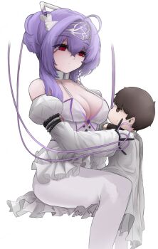 1girl absurdres ahoge blabbit character_doll collar commander_(nikke) detached_sleeves doll expressionless frills goddess_of_victory:_nikke hair_between_eyes hair_intakes hairband hashtag-only_commentary headgear highres holding holding_doll invisible_chair leotard liberalio_(nikke) pantyhose purple_hair red_eyes short_hair_with_long_locks sitting sleeves_past_fingers sleeves_past_wrists sweatdrop two_side_up white_background white_collar white_leotard white_pantyhose white_sleeves wire