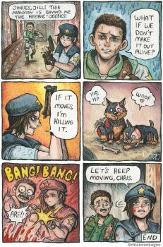 1boy 1girl absurdres artist_name beret black_gloves blood blood_on_clothes blood_on_face blue_hat bone brown_hair chris_redfield commentary dog english_commentary fingerless_gloves firing gloves gun handgun hat highres holding holding_gun holding_weapon jill_valentine resident_evil resident_evil_1 rhiannon_kagoe speech_bubble sweat weapon zombie_dog