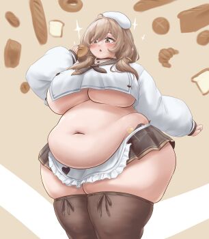 1girl apron ascot belly belly_hang beret big_belly black_nails black_skirt black_thighhighs blush bread breadguardian bready_(nikke) breasts brown_eyes brown_hair crop_top food goddess_of_victory:_nikke hair_over_shoulder hair_ribbon hat heart holding holding_food huge_breasts loaf_of_bread medium_hair miniskirt muffin_top navel open_mouth ribbon shirt skindentation skirt solo sparkling_eyes standing thick_thighs thighhighs thighs twintails underboob white_apron white_hat white_shirt wide_hips