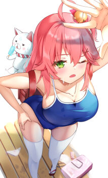 1girl 35p_(sakura_miko) alternate_costume backpack bag bell blue_one-piece_swimsuit breasts cleavage commentary_request hair_bell hair_ornament hairpin hand_on_own_hip highres hololive jingle_bell large_breasts long_hair one-piece_swimsuit one_eye_closed one_side_up open_mouth pink_hair randoseru red_bag sakura_miko solo swimsuit syukuri_works thighhighs virtual_youtuber white_thighhighs x_hair_ornament
