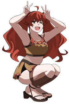 1girl absurdres alternate_costume alternate_hairstyle armpits arms_up bike_shorts breasts double_v eris_greyrat fang feet hairband highres large_breasts legs long_hair looking_at_viewer midriff mushoku_tensei navel one_eye_closed open_mouth red_eyes red_hair skirt smile solo squatting tank_top thick_thighs thighs tongue twintails v wink