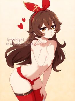 1boy amber_(genshin_impact) arched_back bow bow_hairband bow_panties brown_eyes brown_hair bulge closed_mouth collarbone colored_eyelashes commentary cowboy_shot crossed_bangs double-parted_bangs english_commentary film_grain genderswap genderswap_(ftm) genshin_impact hair_between_eyes hair_flaps hair_intakes hairband hand_on_own_thigh hand_up heart highres leaning_forward linea_alba lips long_hair male_focus midnight_rian navel nipples panties red_hairband red_panties red_thighhighs sidelocks simple_background smile solo standing stomach thighhighs topless_male trap twitter_username underwear very_long_hair watermark white_bow yellow_background