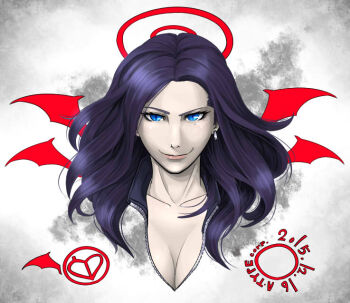 Rule 34 | 1girl, artist name, black hair, blue eyes, breasts, cleavage, commentary request, dated, earrings, halo, jewelry, large breasts, lips, matsu (a-type corp), mole, mole under eye, original, portrait, raised eyebrow, red halo, single earring, smile, solo, straight-on