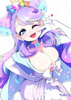 1girl alternate_breast_size_(larger) blue_eyes breasts cleavage commentary_request dress earrings elbow_gloves gloves hair_ornament hand_up highres jewelry large_breasts long_hair looking_at_viewer multicolored_hair nico-sama one_eye_closed open_mouth precure purple_hair ryuuta_(cure_ryuuta) smile two-tone_hair v white_gloves wonderful_precure!