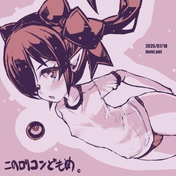 1girl backbeako_(torotei) backbeard blush breasts buruma commentary covered_erect_nipples dated dated_commentary dutch_angle gegege_no_kitarou gym_shirt gym_uniform hair_over_one_eye hair_ribbon kono_lolicon_domome long_hair looking_at_viewer monochrome one_eye_closed open_mouth original paid_reward_available pear-shaped_figure pink_background pink_theme pointy_ears ribbon shirt short_sleeves simple_background small_breasts solo torotei translated twintails watermark web_address