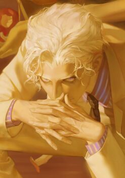 1boy black_necktie blonde_hair commentary_request diamond_wa_kudakenai formal_clothes highres interlocked_fingers jojo_no_kimyou_na_bouken kira_yoshikage looking_at_viewer male_focus molimolijio necktie nose own_hands_together purple_eyes short_hair sitting solo suit veins veiny_hands yellow_suit