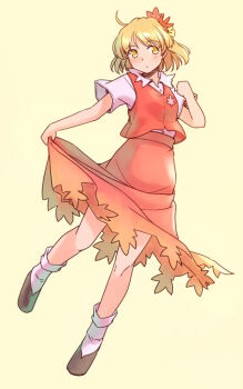 1girl aki_shizuha blonde_hair collared_shirt commentary_request full_body grey_shoes hair_ornament hand_up knees leaf_hair_ornament light_blush one-hour_drawing_challenge rangycrow red_skirt red_vest shirt shoes short_hair short_sleeves sideways_glance skirt skirt_hold socks solo touhou vest white_shirt white_socks yellow_background yellow_eyes