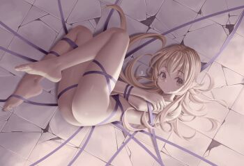 artist_name ass bakemonogatari barefoot blonde_hair bound cerulea-blue character_request check_character check_copyright commentary copyright_request crack english_commentary eyelashes fingernails full_body highres long_hair monogatari_(series) nude oshino_shinobu pointy_ears shiny_skin solo toenails yellow_eyes