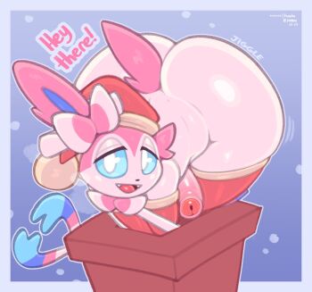 1boy all_fours animal_ears ass ass_focus ass_shake back blue_eyes bow butt_crack chimney christmas curvy erection fang from_below frumples full_body furry gen_6_pokemon hair_bow half-closed_eyes hat huge_ass large_testicles legs_together looking_at_viewer naughty_face nintendo nude one_eye_closed open_mouth penis pokemon pokemon_(creature) presenting ribbon santa_hat seductive_smile shiny_skin simple_background smile solo stuck_in_object sylveon tail testicles thick_thighs thighs trap tucked_penis uncensored wide_hips