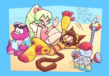 2girls 3boys alternate_costume animal_ears backwards_hat batsnake_113 beach blue_jacket breasts brown_hair can cat_ears cat_girl cat_tail closed_mouth commentary dark-skinned_female dark_skin day dinosaur dolphin drink_can english_commentary english_text fins fish flappers_(gameoverse) furry furry_female gameoverse gauntlets gobbles_(gameoverse) goggles goggles_on_head hair_ornament hat highres jacket kaboodle_(gameoverse) kit_bodega long_hair lulu_(gameoverse) multiple_boys multiple_girls muscular muscular_male official_alternate_costume one-eyed one-piece_swimsuit red_eyes red_hat robot short_hair smile soda soda_can sunglasses swimsuit tail tan two-tone_swimsuit whiskers white_hair wide_hips wings yellow_gauntlets